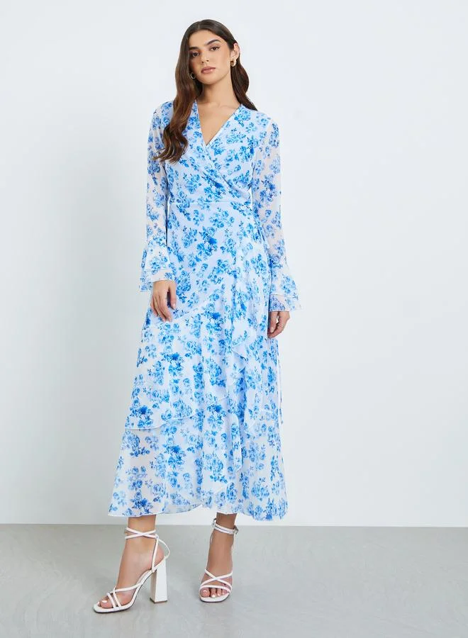 Styli Women Blue Floral Print Chiffon Maxi Dress